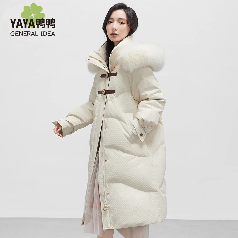 YAYA/鸭鸭大毛领羽绒服女中长款气质减龄派克大衣外套YE2B622511D