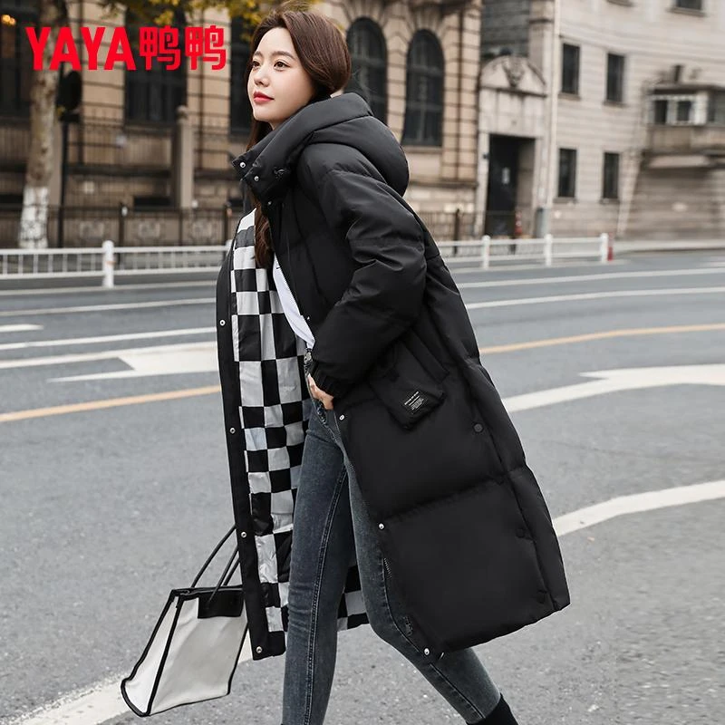 YAYA/鸭鸭羽绒服女长款过膝时尚棋盘格收腰显瘦百搭YE2B604136A
