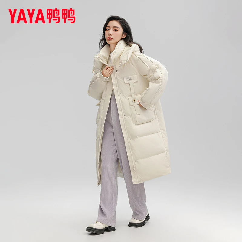 YAYA/鸭鸭羽绒服女中长款过膝连帽冬季宽松外套面包服YE3B607671A