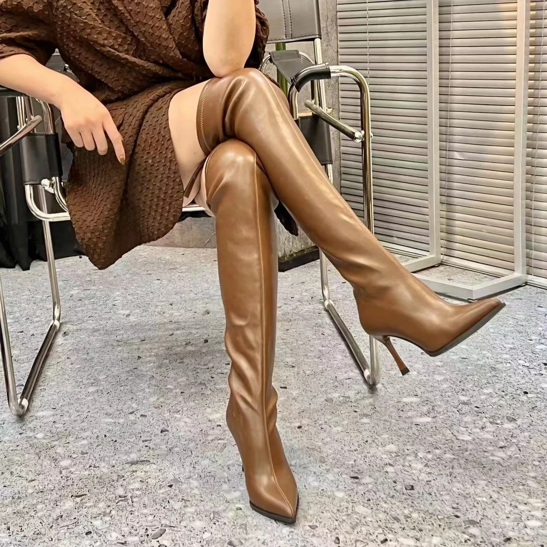 【断码特惠】秋冬爆款小众设计师款酒杯跟尖头过膝气质型皮靴显瘦