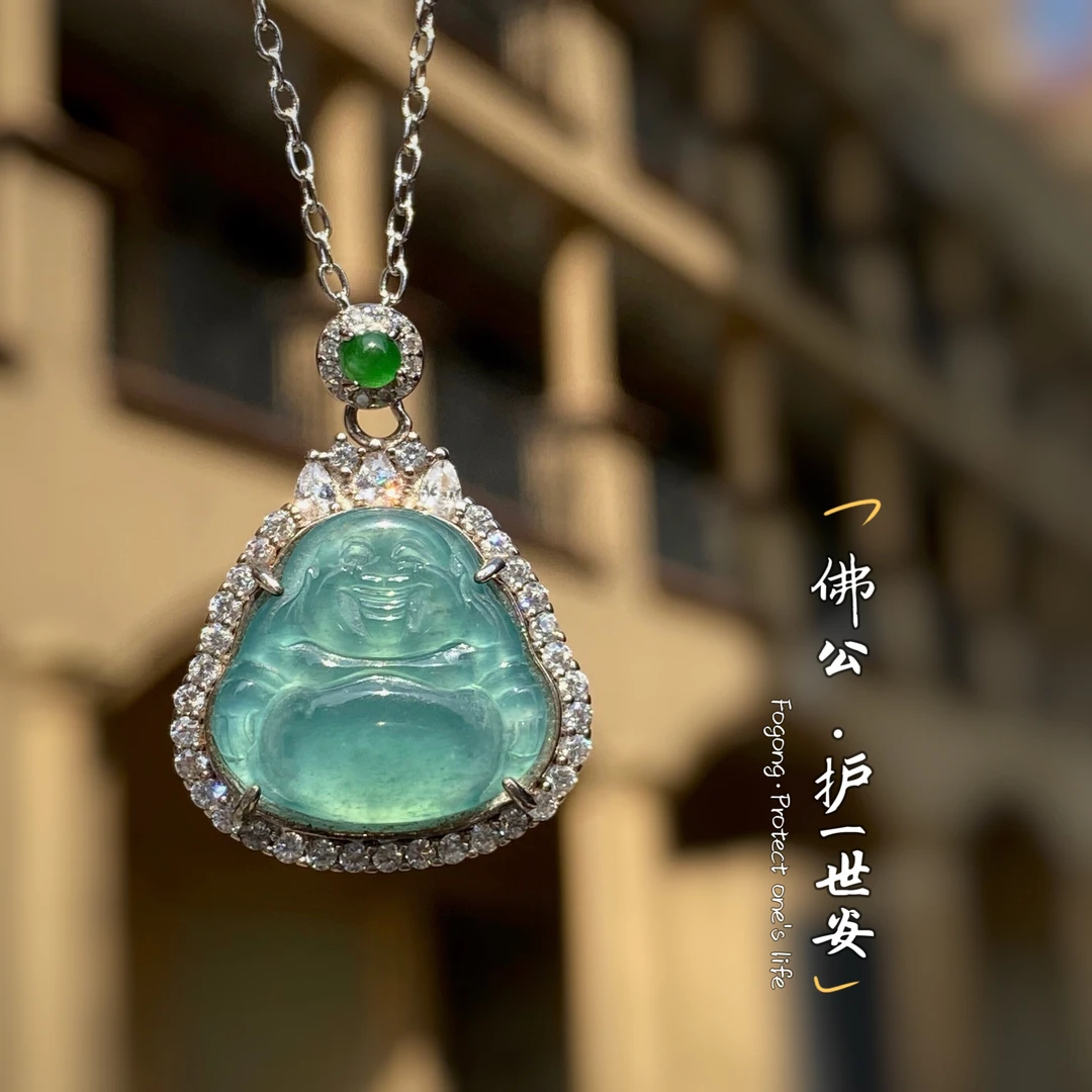 S925银镶/玻璃种天空蓝佛公吊坠