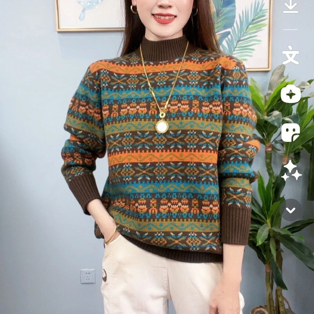 妈妈女上衣加厚保暖显瘦半高领针织衫女秋冬新款时尚洋气长袖毛衣