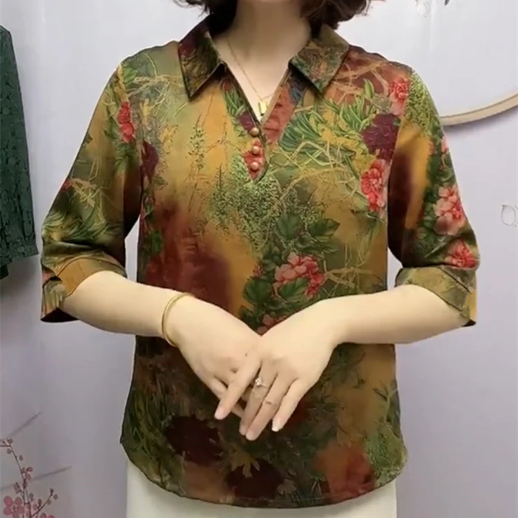 夏季网红新款时尚百搭休闲通勤宽松大码遮肉显瘦七分袖复古妈妈装