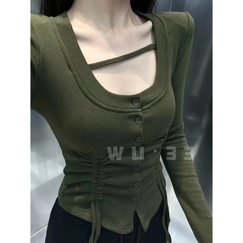 秋冬季新款U领衣服排扣加厚打底衫皱褶感辣妹短款修身上衣女