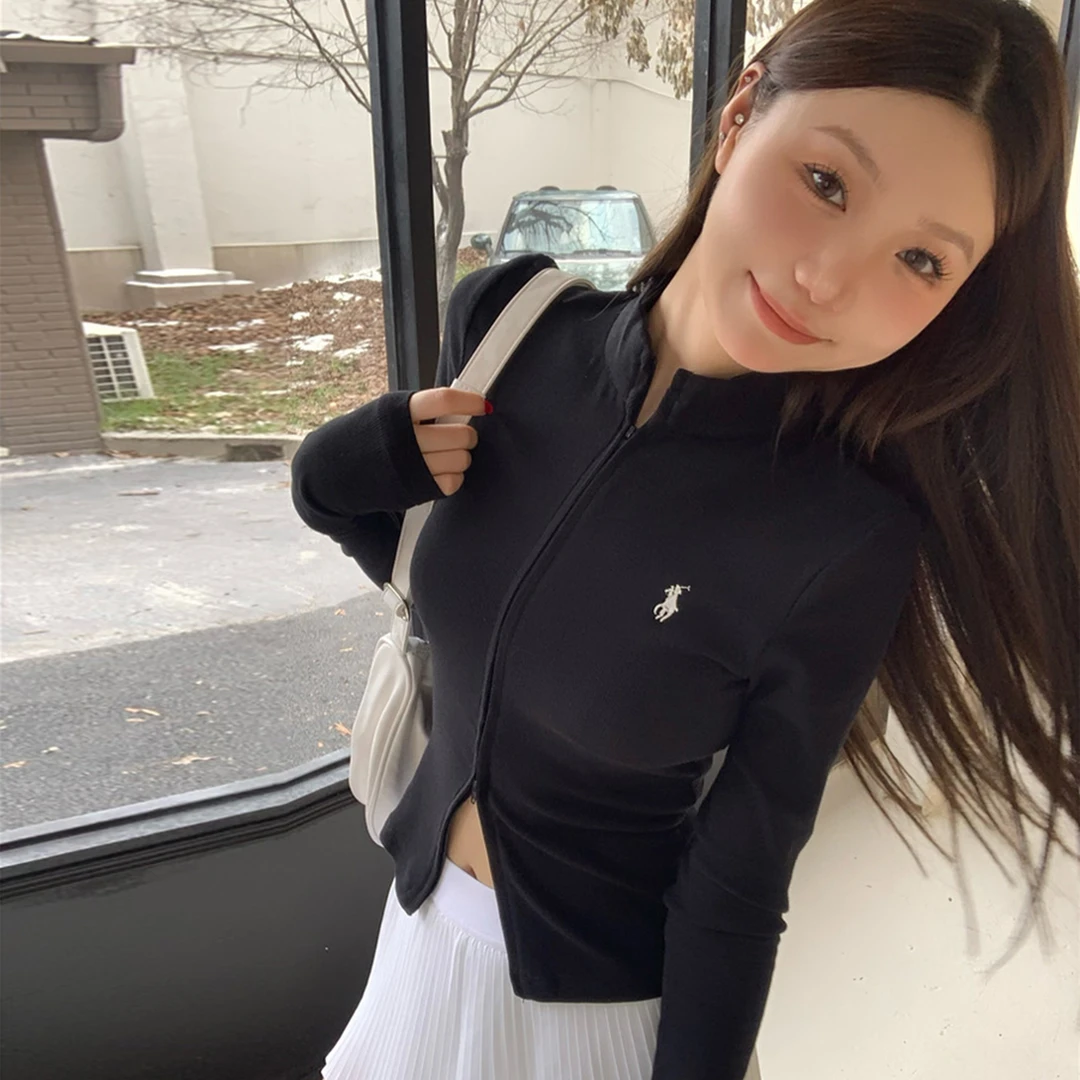 2025秋款百搭辣妹双拉链立领新款针织开衫修身显瘦外穿短款上衣女