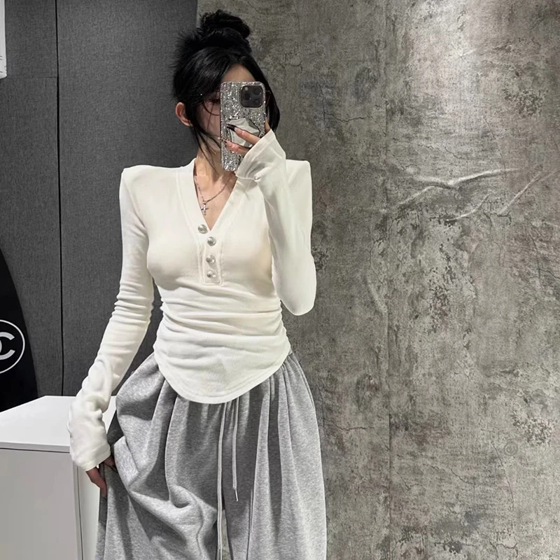 双11加厚V领长袖v领t恤女秋冬季春秋早秋新款百搭打底上衣女款