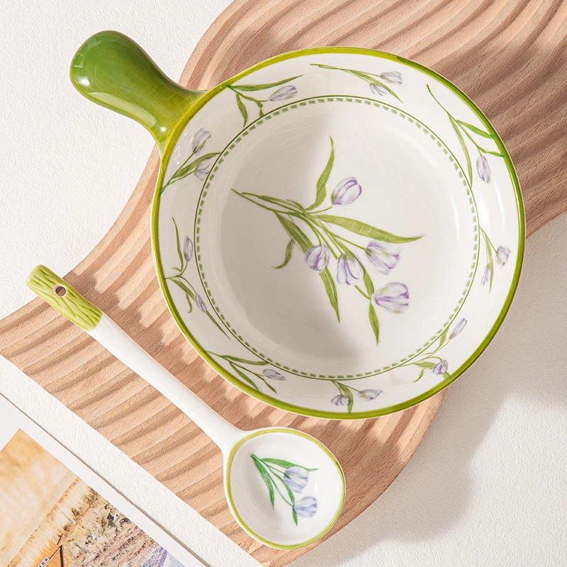 郁金香陶瓷手把碗高颜值网红创意家用泡面碗手柄碗带勺子组合