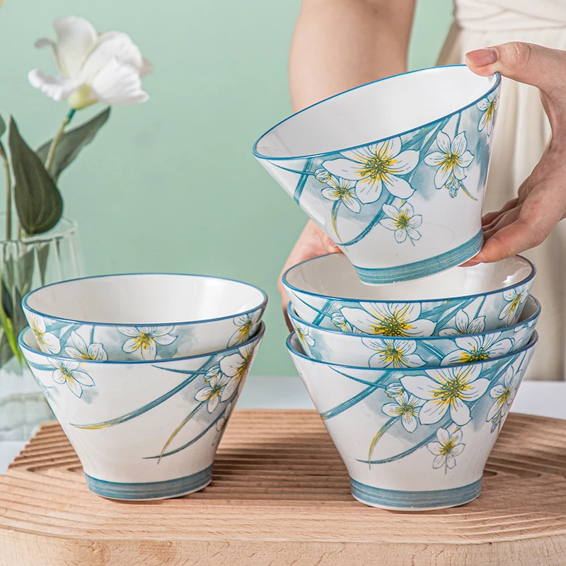 水仙花5英寸斗笠碗四个装家用餐具陶瓷釉下彩米饭碗吃饭碗防烫