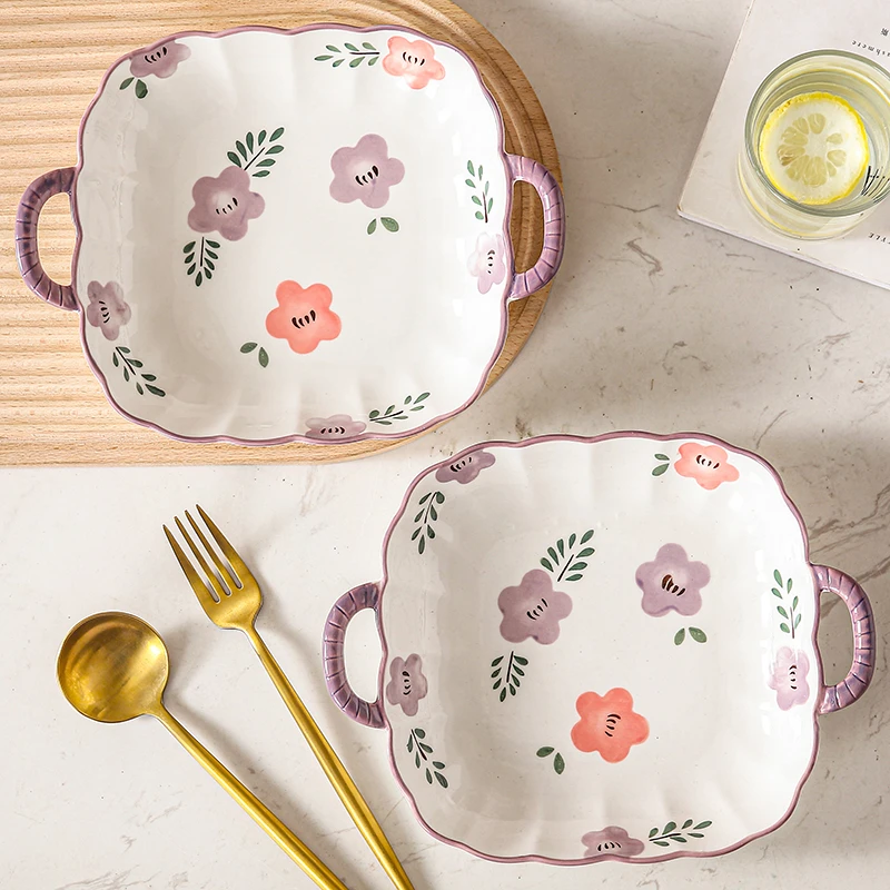 紫萱花陶瓷可爱创意菜盘家用碟子方盘带耳朵盘子餐具