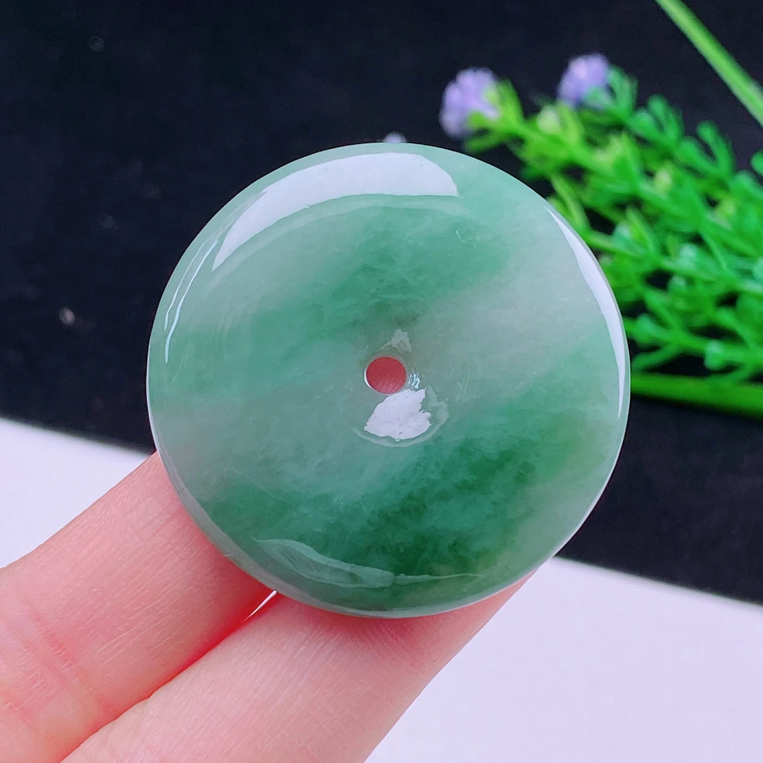 天然翡翠A货老坑水润飘绿绿厚装平安扣吊坠通透翡翠色冰透妈妈