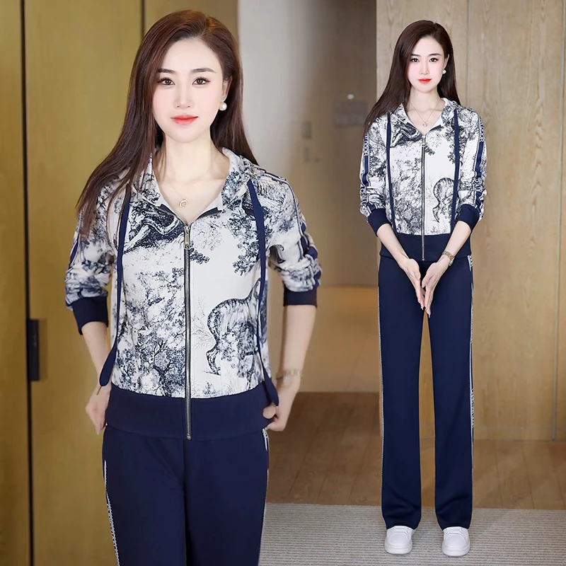 2024新款定制空气棉面料时尚高品质国风休闲套装显瘦拉条气质印花