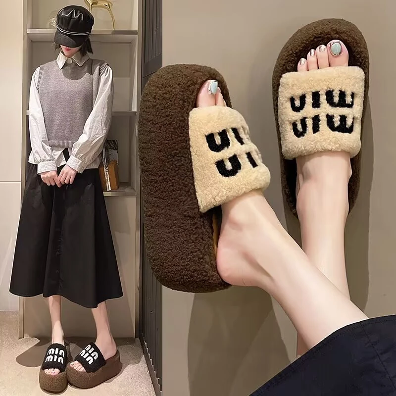 网红羊羔毛拖鞋女2024秋冬新款毛毛拖外穿厚底时尚高级感棉拖鞋