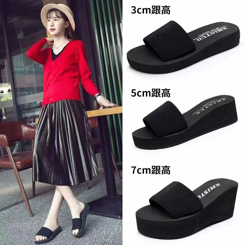 新款百搭凉拖鞋女夏外穿厚底大码一字拖高跟防滑沙滩鞋休闲拖鞋女