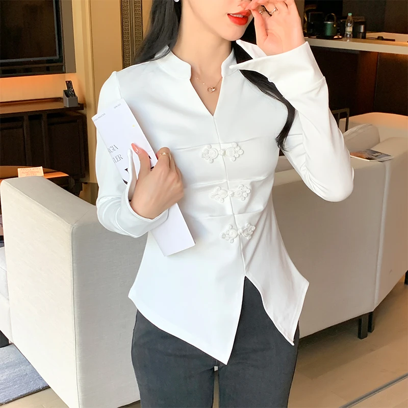民族风盘扣衬衫女小众衬衣新款白衬衫上衣气质显瘦中国风小衫女