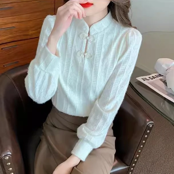 秋季新款中式立领国风复古盘扣内搭长袖衬衫加绒加厚打底衫上衣女