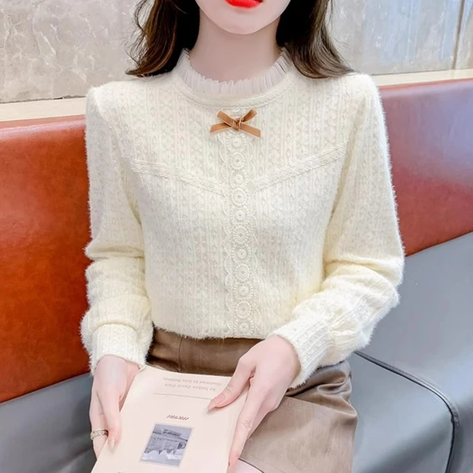 2025春秋季新款法式加绒蕾丝打底衫女洋气装修身显瘦加厚内搭上衣