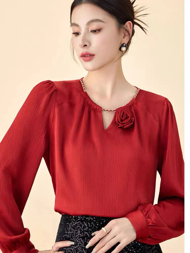 [ W i F i ] 9058圆领手工钉花雪纺衫秋装新款洋气小衫