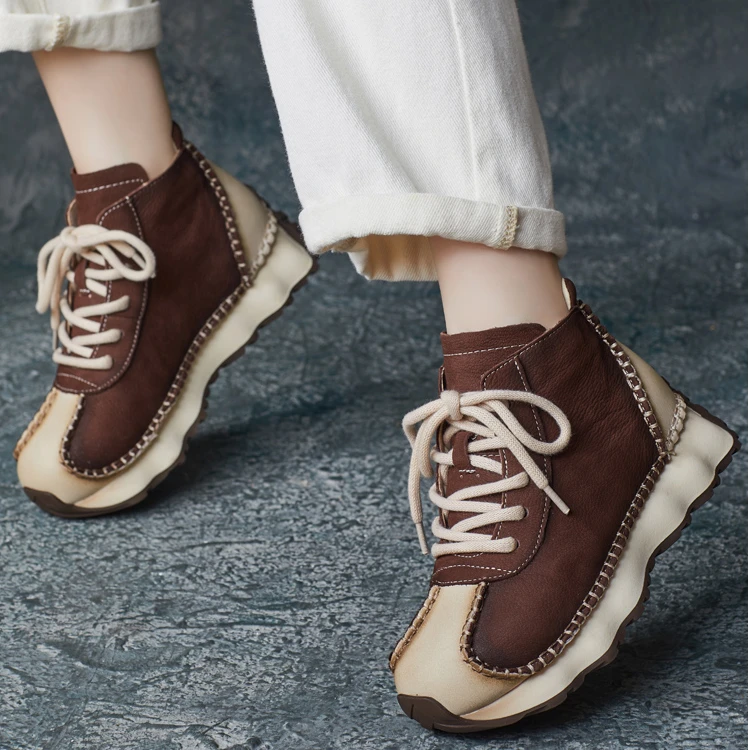 2024秋冬新款牛皮单鞋系带圆头高帮运动休闲鞋拼色英伦风时尚女鞋