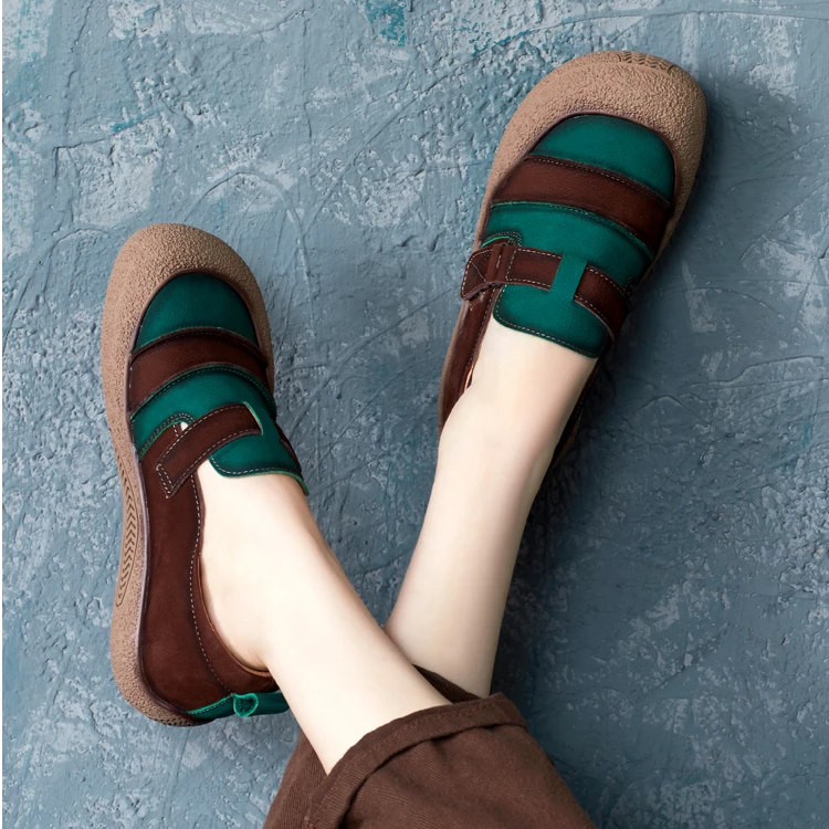 2024秋季新款帅气英伦风牛皮圆头拼色魔术贴平跟鞋女鞋单鞋