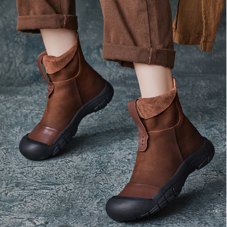 2024秋冬新款牛皮手工英伦风圆头高帮鞋厚底套筒短靴女大头登山靴