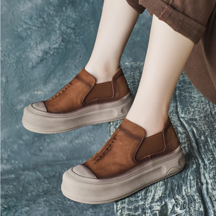 2025春季新款牛皮帅气英伦风复古圆头深口套脚松紧软皮软底单鞋