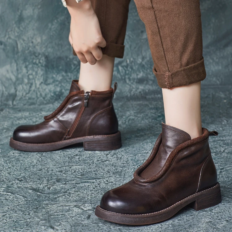 2024秋冬新款复古英伦风牛皮圆头侧拉链厚底短靴马丁靴套脚女靴