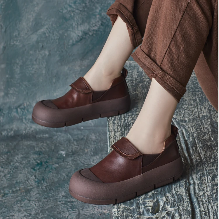 2024秋季新款帅气英伦风牛皮套脚厚底单鞋女鞋坡跟女皮鞋