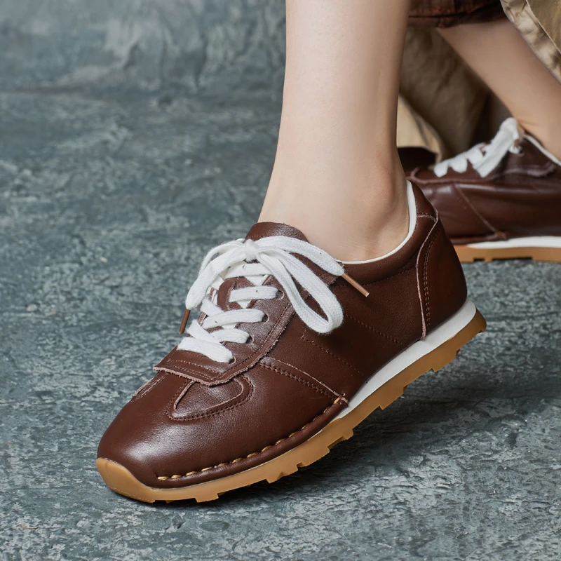 2024秋季新款牛皮圆头交叉绑带阿甘鞋休闲单鞋小白鞋软底