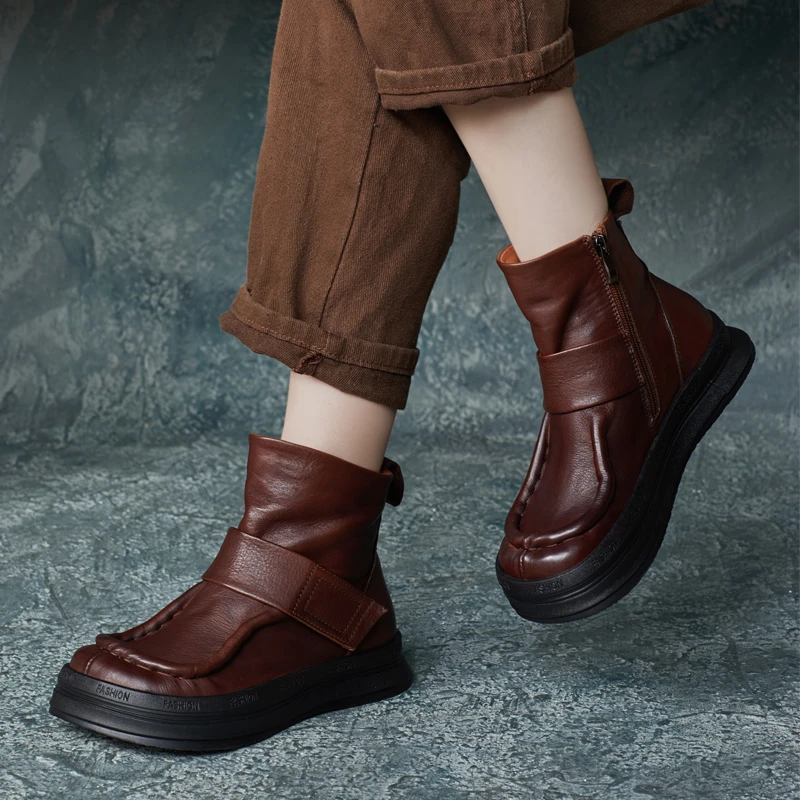 2024秋冬新款英伦风手工复古牛皮圆头扣带马丁靴厚底大头鞋短靴