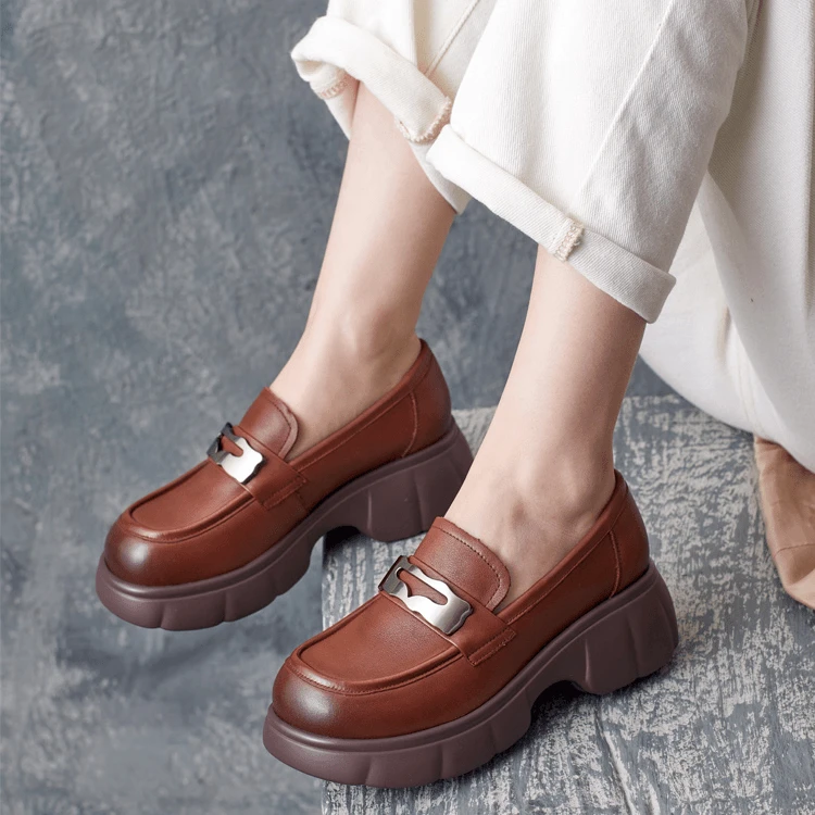 2024春季新款牛皮英伦风套脚软皮软底大厚底坡跟单鞋轻便乐福鞋