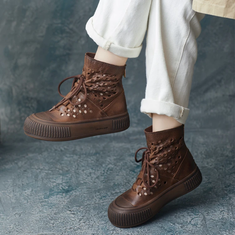 2024春夏新款帅气英伦风后拉链牛皮打孔圆头系带平跟女靴罗马凉靴