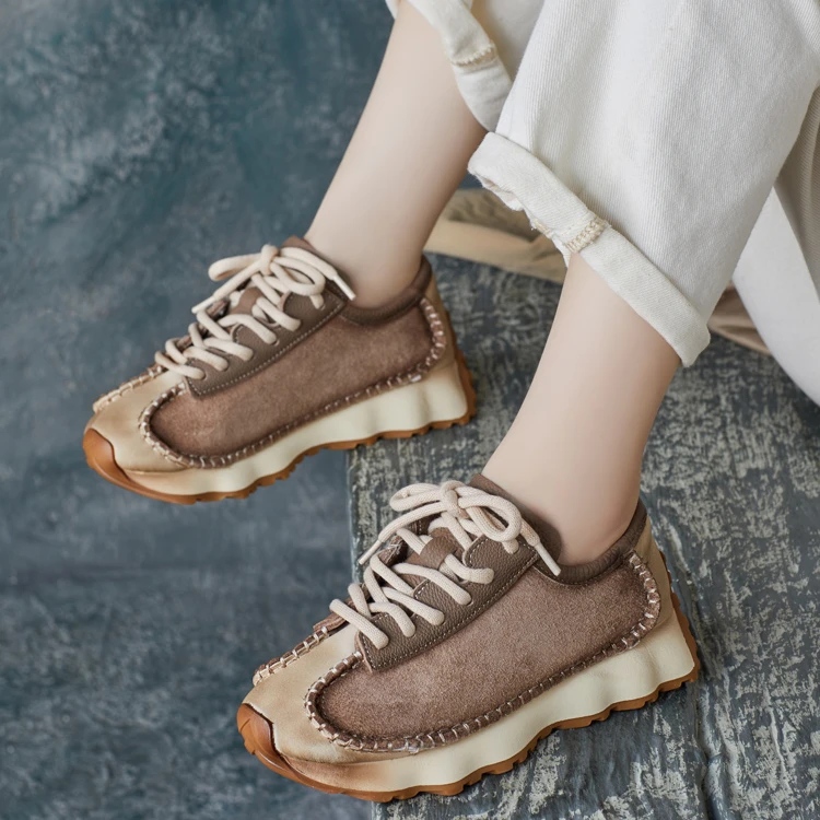 英伦风2024秋款牛皮圆头缝线交叉绑带厚底单鞋子女撞色帅气休闲鞋