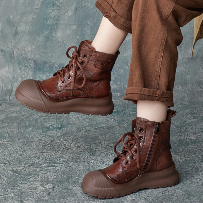 2024秋冬新款帅气英伦风圆头牛皮厚底系带侧拉链马丁靴女鞋骑士靴