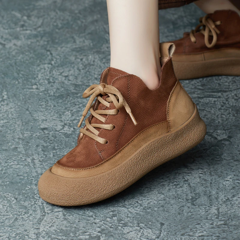 2024秋季新款英伦风手工牛皮圆头厚底高帮鞋百搭深口单鞋休闲板鞋