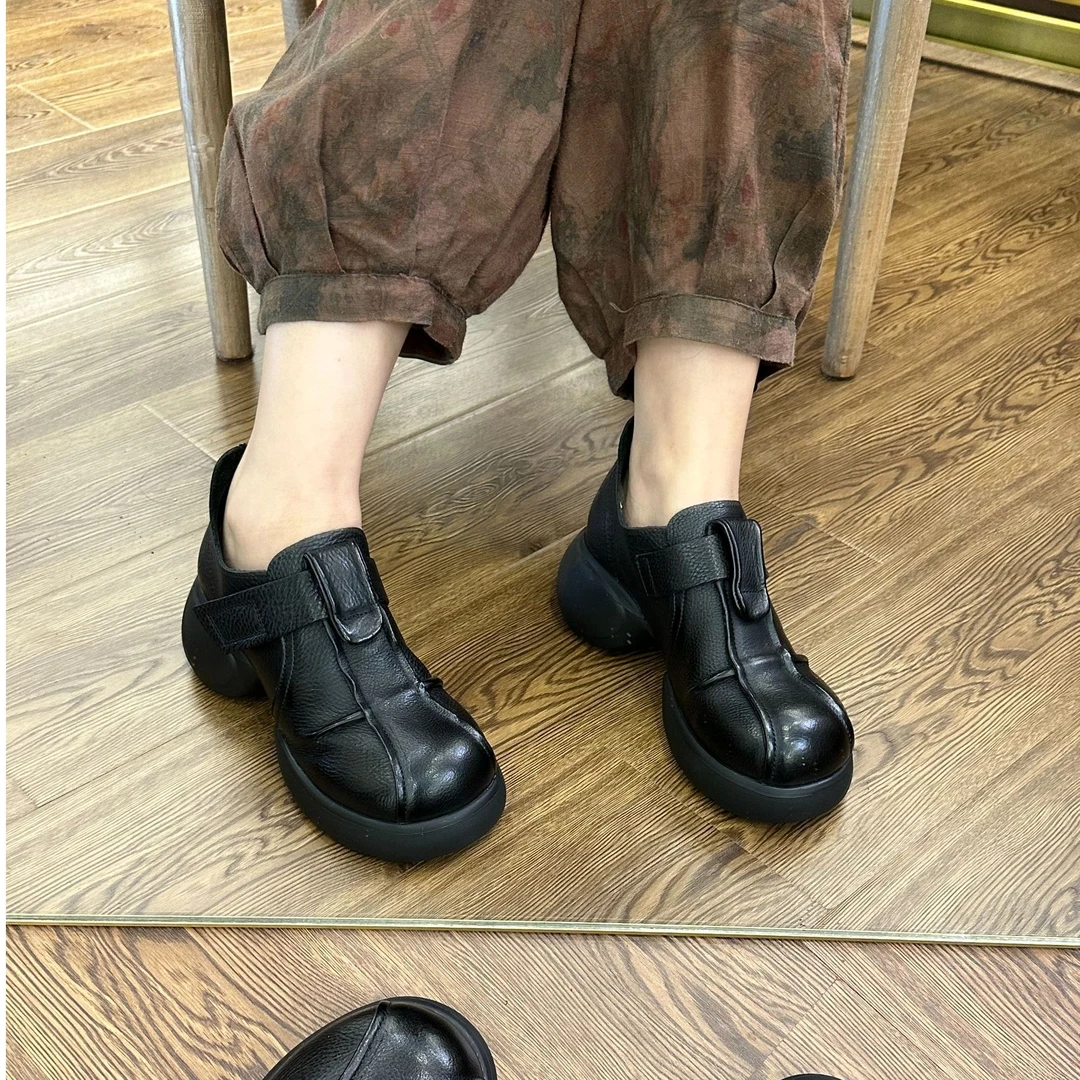 2024秋冬新款帅气民族风厚底坡跟粗跟深口单鞋软皮软底款