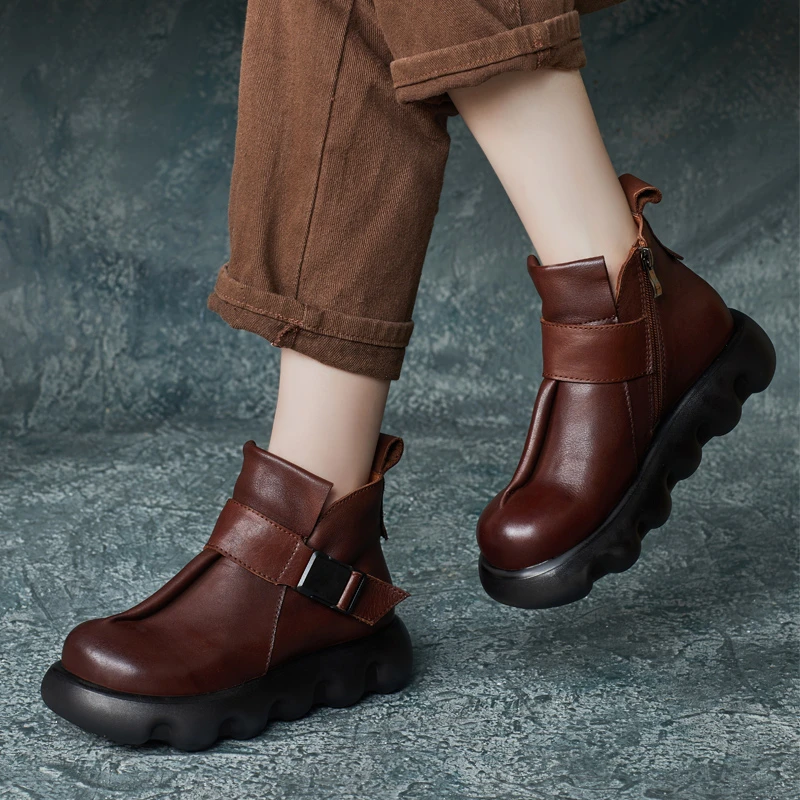 2024秋冬新款英伦风手工牛皮圆头马丁靴小个子增高大头鞋厚底短靴