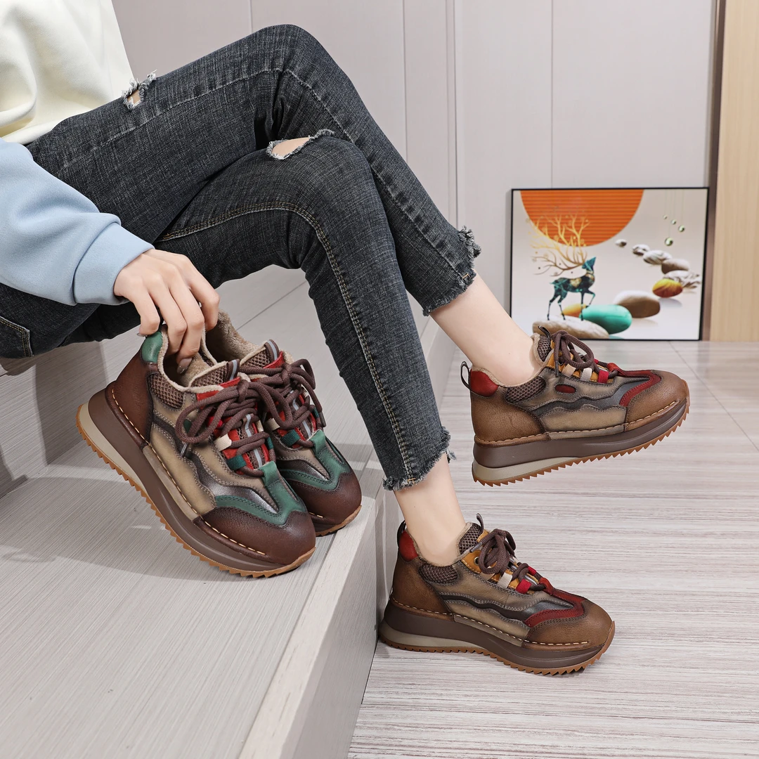 2025秋冬新款真皮软底圆头阿甘鞋撞色单鞋女德训鞋时尚厚底休闲鞋