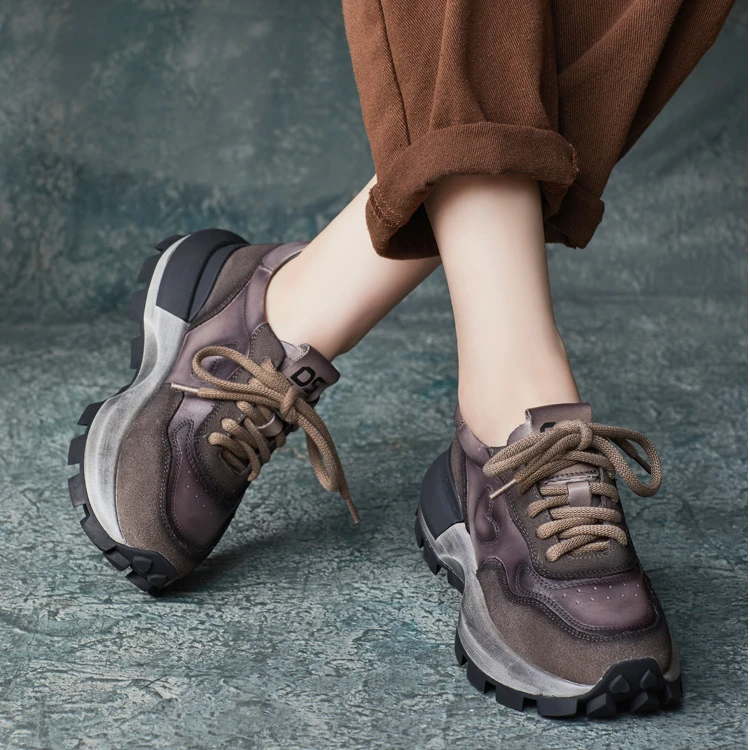 2024春季新款真皮软底德训鞋休闲拼色单鞋交叉绑带厚底复古阿甘鞋