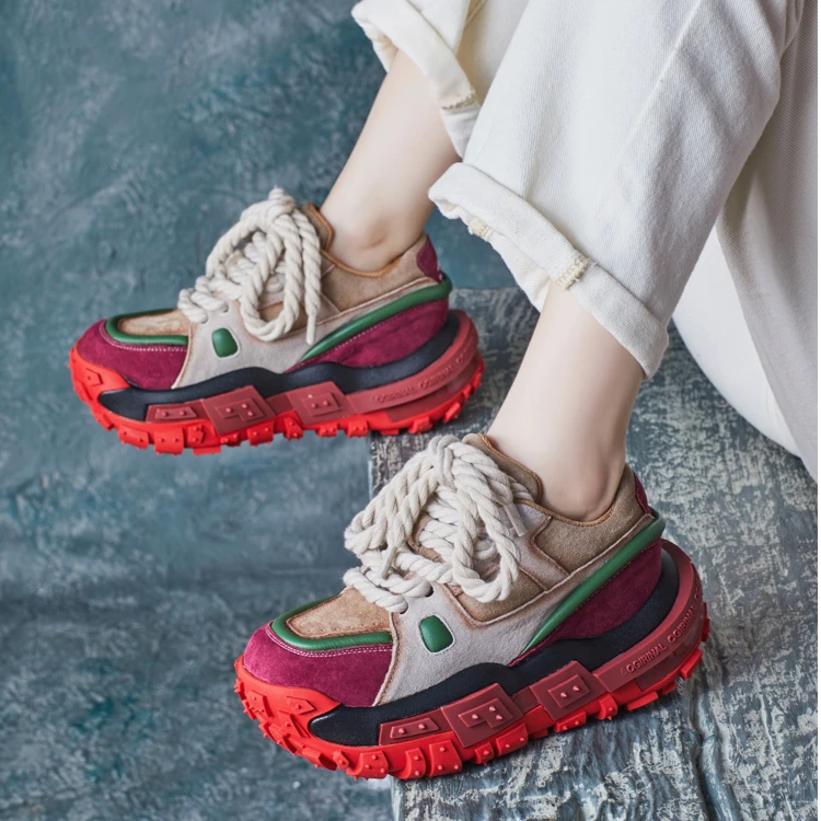 2024秋季新款牛皮英伦风圆头软皮软底厚底单鞋拼色老爹鞋