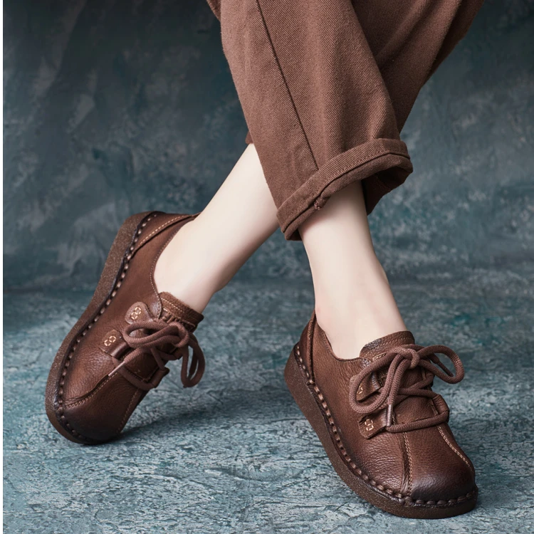 2025秋季新款民族风复古牛皮系带平跟单鞋女鞋软底厚底女皮鞋