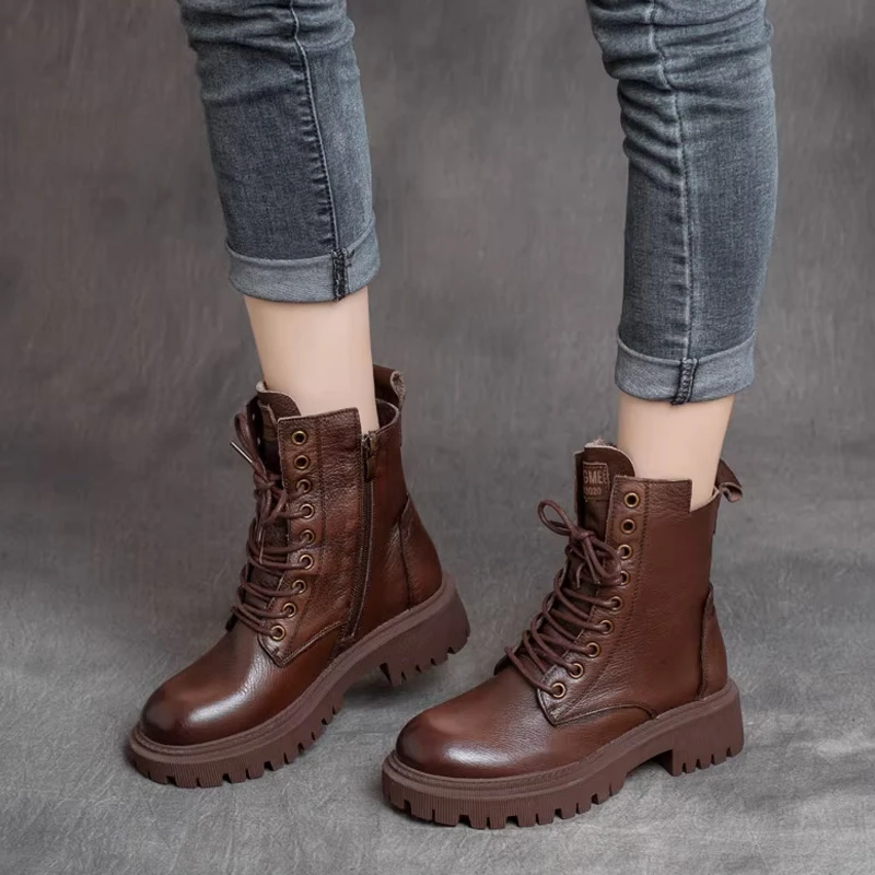 2025秋冬款帅气英伦真皮侧拉链厚底中跟短靴骑士靴系带中帮马丁靴