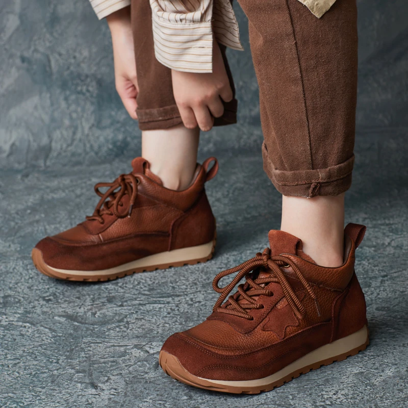 2024秋冬新款牛皮软底德训鞋女休闲五角星拼色交叉绑带厚底阿甘鞋