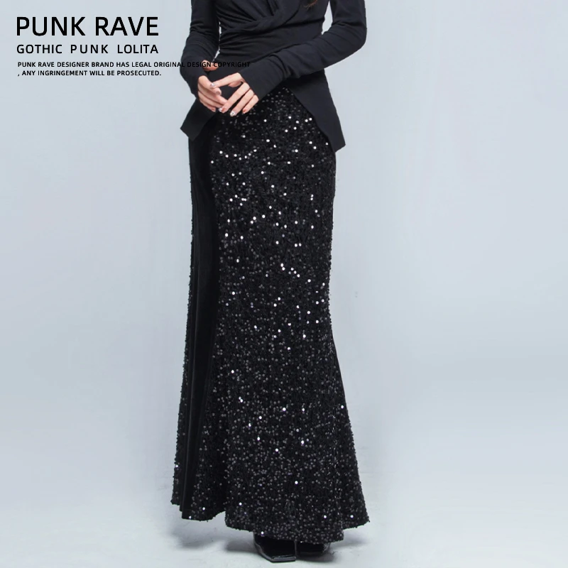 【PUNK RAVE】秋冬黑色轻奢优雅重工钉珠亮片气质半身裙PQ-1458