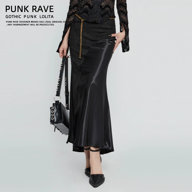 【PUNK RAVE】新品麂皮绒拼接缎面开叉包臀性感气质半身裙PQ-1452