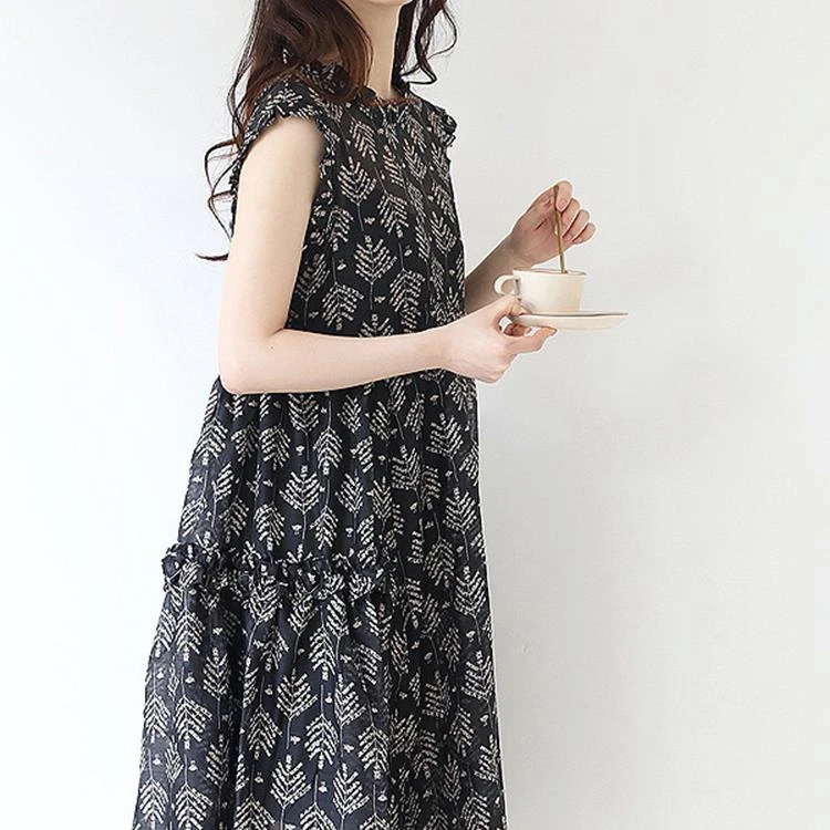 Touch Miss花边领A字印花宽松显瘦雪纺连衣裙无袖背心裙TM2689GY