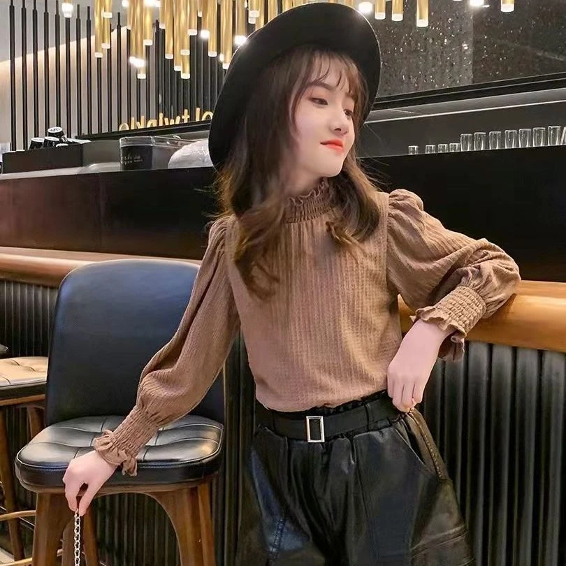 女童打底衫秋冬半高领2023新款冬装儿童洋气长袖T恤 女孩加绒时尚