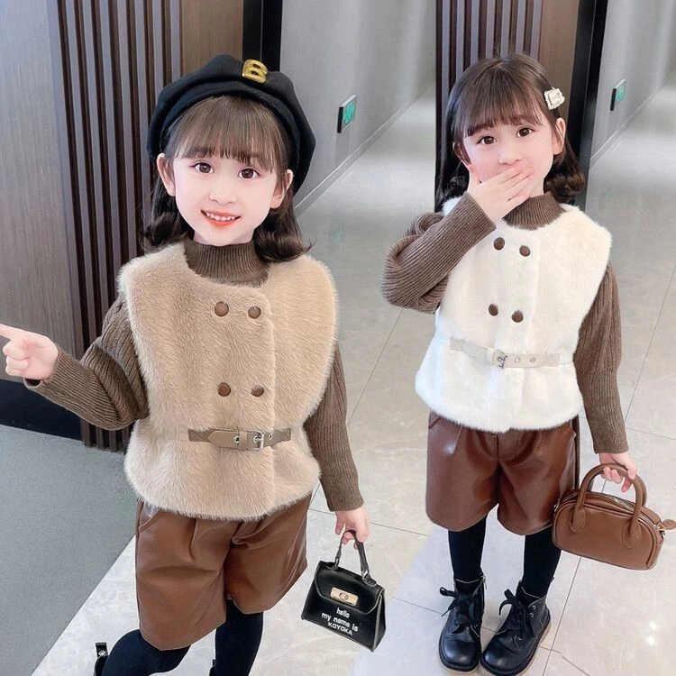 女童套装秋冬装2023新款洋气时髦网红炸街儿童皮草马甲短裤三件套