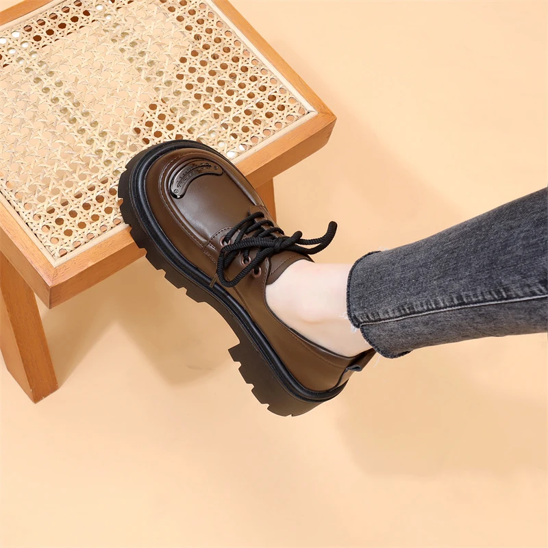 厚底增高英伦单鞋真皮2024新款圆头复古小皮鞋系带春秋乐福鞋软底