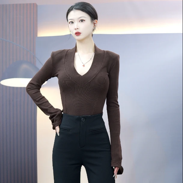 纯欲高级感长袖t恤女春季新款修身显瘦V领打底衫内搭磨毛上衣
