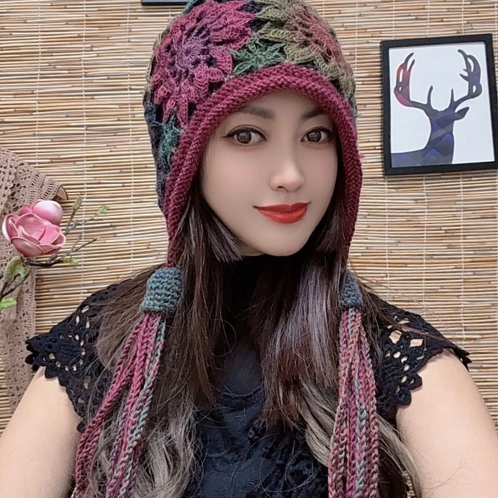 新款爆款时尚百搭【卷边双层流苏】镂空大花冬季加厚保暖女帽子
